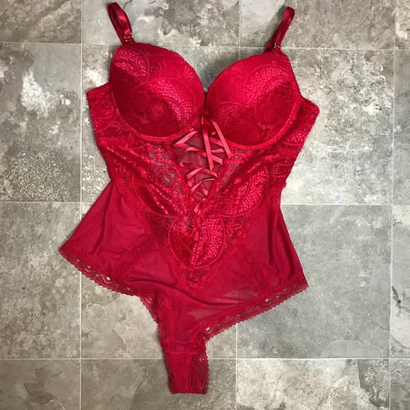 Black Fuchsia by Secret Lace Red Lace Medium Teddy - Picture 12 of 16